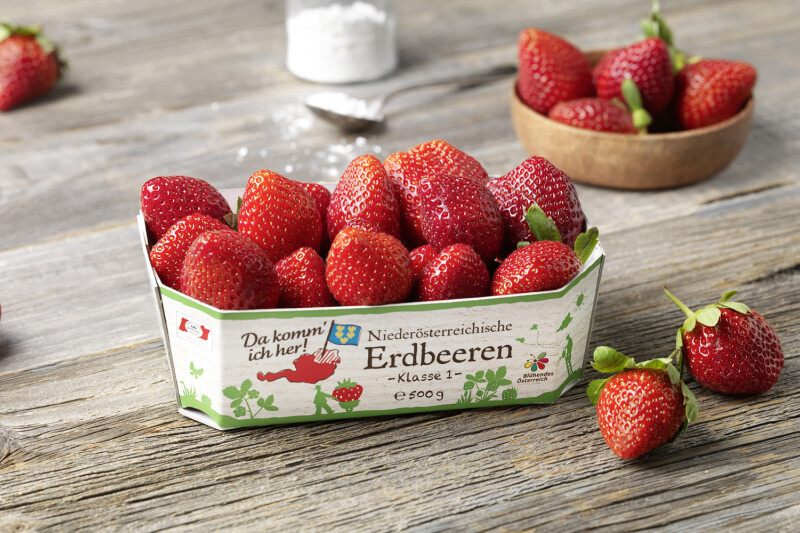 Eine Schale mit frischen Erdbeeren auf einem Holzuntergrund. Im Hintergrund sind mehr Erdbeeren in einer Holzschale und ein Glas mit Salz oder Zucker zu sehen. Auf der Schale steht „Niederösterreichische Erdbeeren, Klasse 1, 500g“.