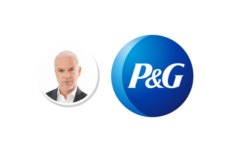 Ein Porträtfoto eines älteren Mannes mit weißem Haar neben dem blauen P&G-Logo.