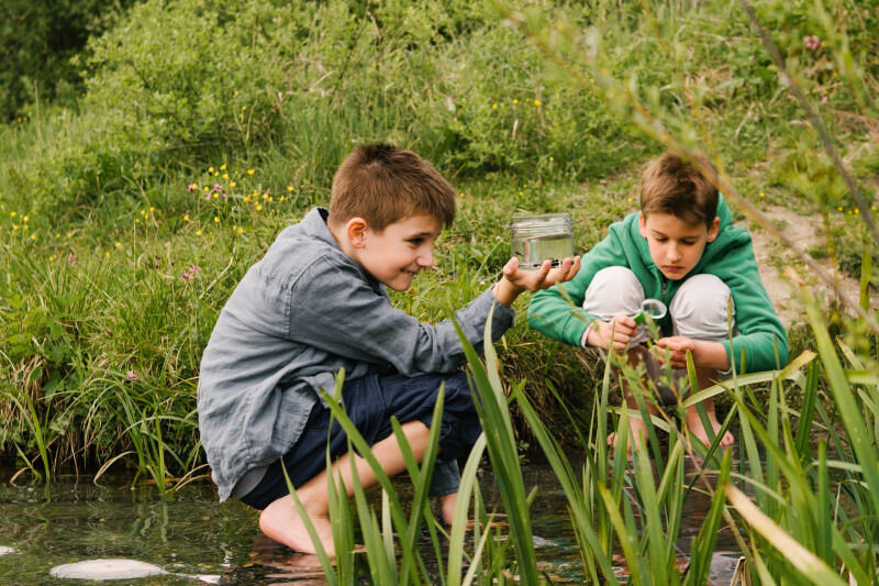 Zwei Jungen knien am Rand eines Teiches, einer hält ein Glas mit Wasser, während der andere etwas mit einem kleinen Netz einfängt. Im Hintergrund ist üppige Vegetation zu sehen.
