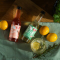 Zwei Flaschen Bio-Kombucha auf einem grünen Tuch, umgeben von Zitronen. Eine ist rot und die andere ist grün. Ein Glas mit Zitronenscheiben und Rosmarin steht daneben. Im Hintergrund befindet sich eine Pflanze.