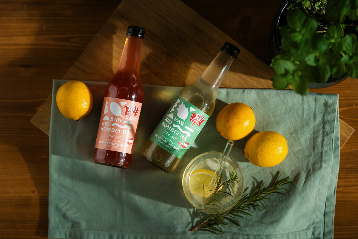 Zwei Flaschen Bio-Kombucha auf einem grünen Tuch, umgeben von Zitronen. Eine ist rot und die andere ist grün. Ein Glas mit Zitronenscheiben und Rosmarin steht daneben. Im Hintergrund befindet sich eine Pflanze.