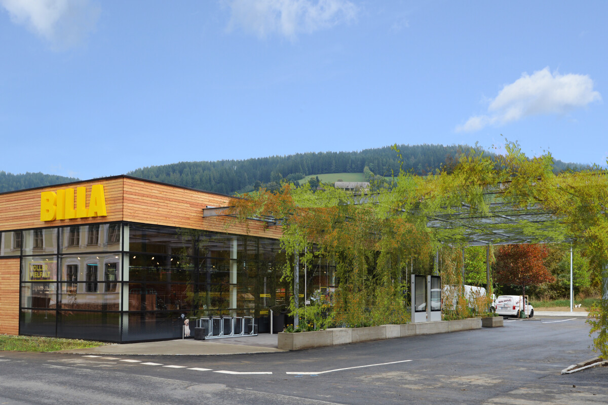 Das Rendering der Fassadenbegrünung des neuen BILLA Marktes in Obdach.