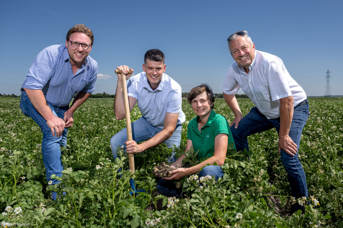Vier Personen in einem Feld mit grünen Pflanzen unter einem klaren blauen Himmel. Zwei Personen knien, halten Pflanzen, zwei stehen daneben. Alle schauen lächelnd in die Kamera.