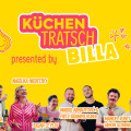Werbung für "Küchen Tratsch" von BILLA. Im bunten Design sind mehrere Personen abgebildet, darunter Maria & Marco Angelini-Santner und andere. Ein Hahn und eine Zwiebel dienen als grafische Elemente auf gelbem Hintergrund.