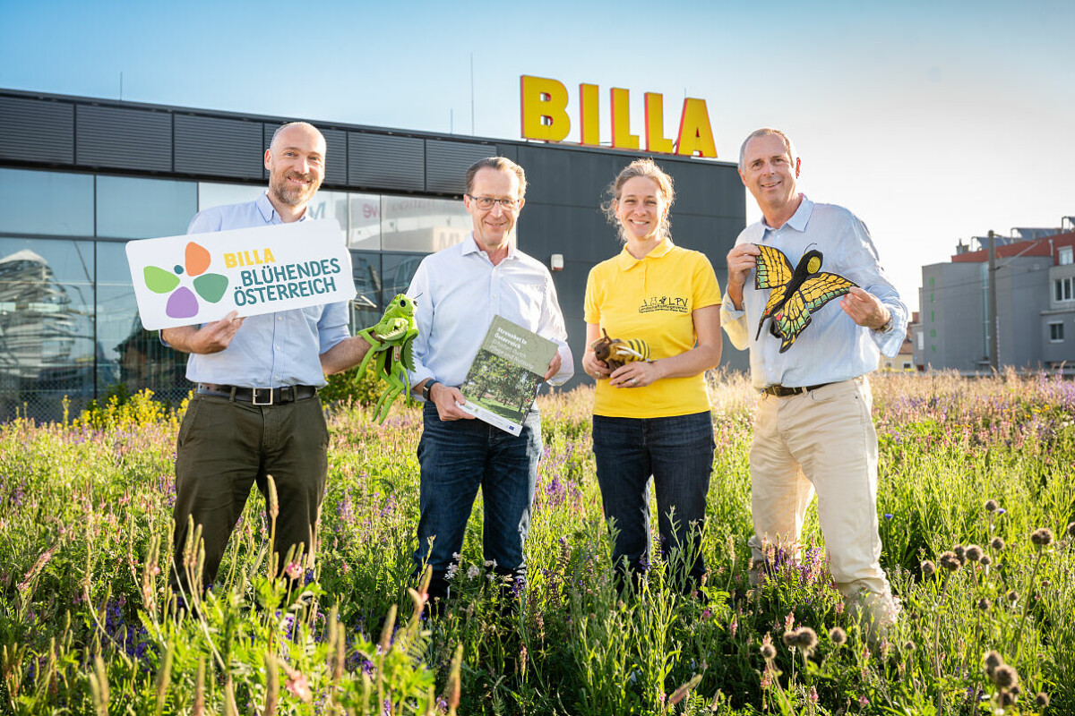 (v.l.n.r.): Ronald Würflinger (Blühendes Österreich Generalsekretär), Robert Nagele (BILLA Vorstand) inkl. dem Buch „Streuobst in Österreich“, Irene Drozdowski (Obfrau und Gründerin des Landschaftspflegevereins Thermenlinie-Wienerwald-Wiener Becken), sowie Peter Merhar (Senior Projektmanager Nachhaltigkeit bei BILLA), zu Besuch auf der Naturwiese rund um den BILLA Markt in der Triester Straße (Vösendorf).