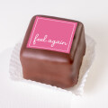 Ein schokoladenüberzogener Würfelkuchen auf einer Papiermanschette, oben mit einem pinken Schild mit der Aufschrift „feel again“.