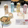Zahlreiche Produkte von ja! Natürlich auf einem Tisch, darunter Bio-Getränke in Kartons, Schalen mit Bio-Hummus, Tofu und Müslischalen. Daneben sind Teller und eine bunte Auswahl an Gemüsespießen arrangiert.