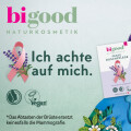 Die bi good Feste Duschpflege Lavendel kommt in einem Design mit rosa Schleife und genauer Abtastanleitung.