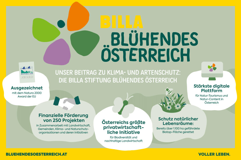 Infografik über die Initiative "Blühendes Österreich" von Billa. Enthält Highlights wie die Auszeichnung mit dem Natura 2000 Award, die finanzielle Förderung von 250 Projekten, und die private Naturschutzinitiative. Zudem wird der Schutz natürlicher Lebensräume und die Plattform für Biodiversität betont. Website-Link unten: bluehendesoesterreich.at.