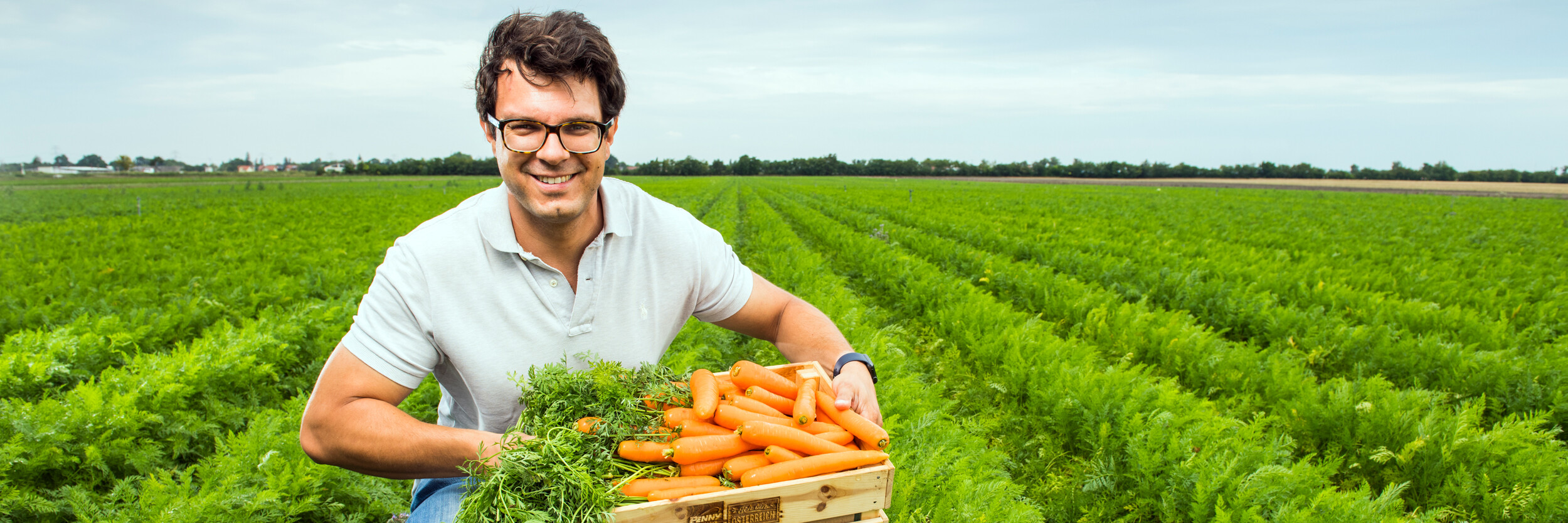 Ein lächelnder Mann mit Brille hält eine Kiste voller Karotten auf einem weiten Feld. Der Himmel ist bewölkt.