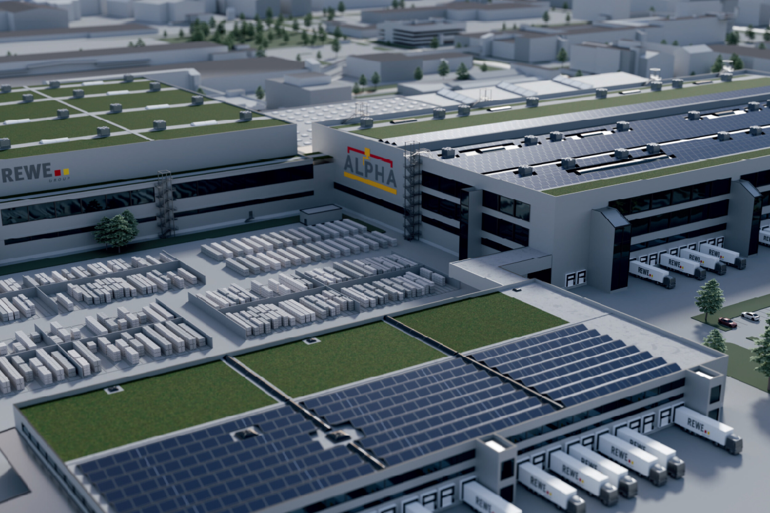 Ein modernes Logistikzentrum mit Solarpanels auf den Dächern. Zahlreiche LKWs und Transporter sind geparkt. Gebäude tragen Logos von REWE und PENNY. Stadtumgebung mit Bäumen und Straßen im Hintergrund.