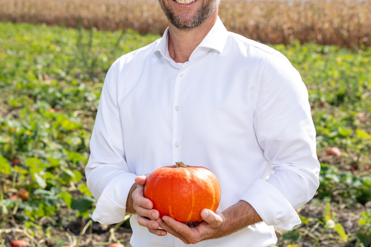 Kai Pataky is delighted with the seasonal “Echt Bio!” pumpkins in the pumpkin patch Hokkaido pumpkins