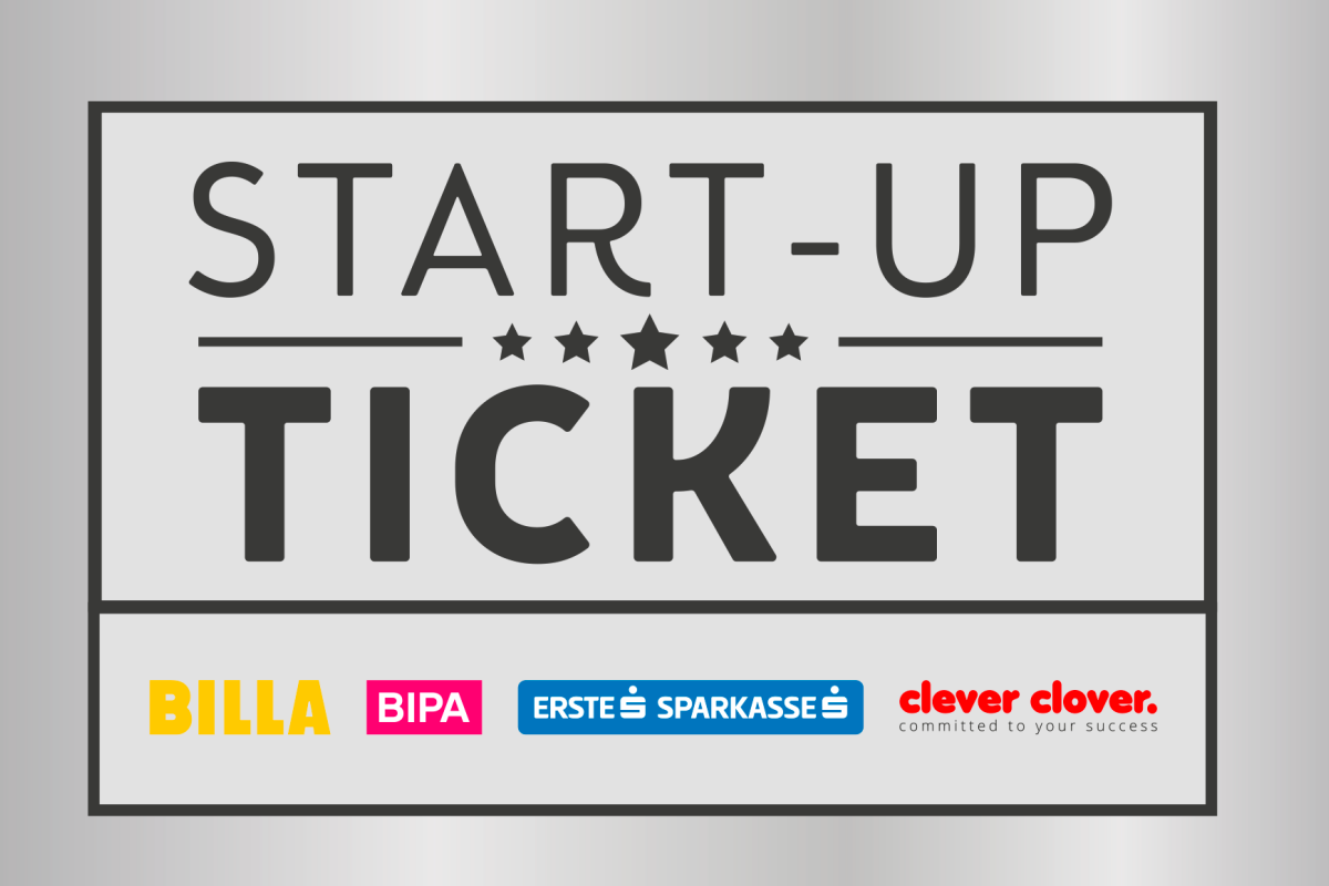 A graphic design featuring the text "Start-Up Ticket" with five stars underneath. Below, there are logos for Billa, Bipa, Erste Sparkasse, and Clever Clover. The background is a silver and gray gradient with decorative corners.