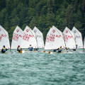Sailboats with white sails and red markings compete in a regatta on a lake, with a forested shoreline in the background.