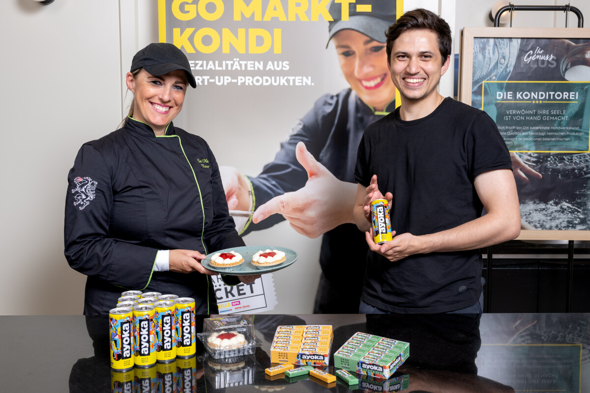 Eva-Maria Kaiser, managing director under trade law of BILLA PLUS Marktkonditorei, and Philip Lanz, ayoka founder and managing director, are pleased about the extended cooperation at BILLA.