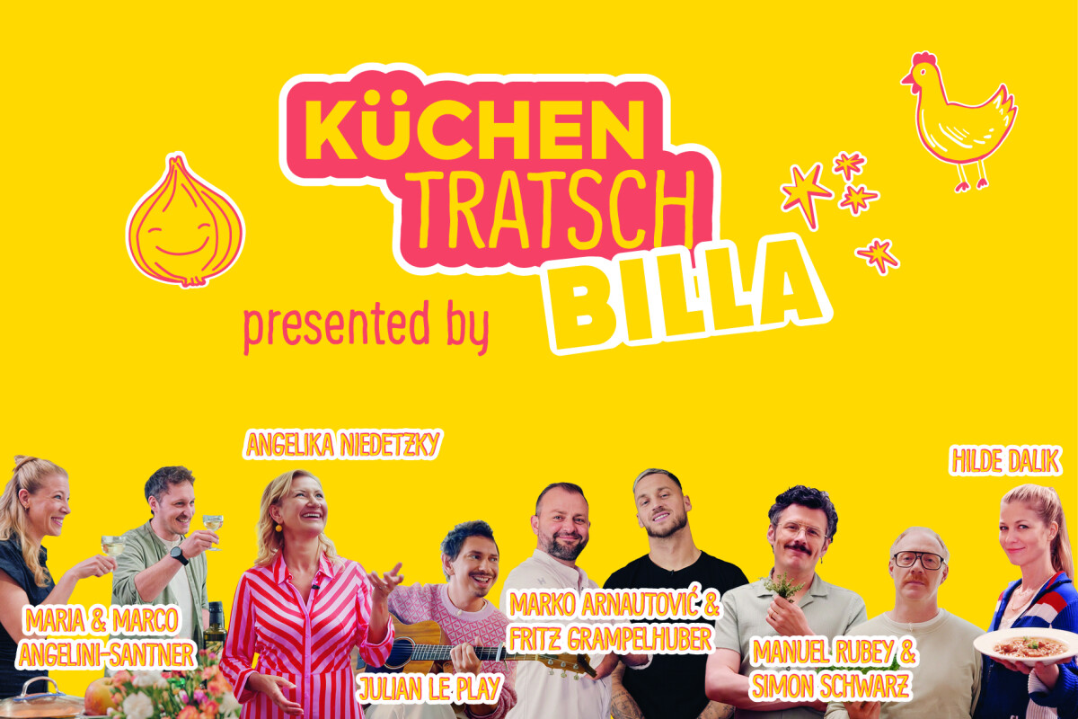Bright yellow poster promoting "Küchen Tratsch" presented by Billa, featuring various smiling people, some with cooking items and others gesturing joyfully. A cartoon chicken and onion add a playful touch.