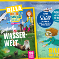 Advertisement for a BILLA Bunter Sammelspaß sticker collection featuring an underwater theme titled "Magische Wasserwelt." A cartoon girl with red hair swims alongside marine creatures like a dolphin and seagull. Offers 180 collectible stickers and a free sticker album with purchases over €10. Ends on October 25, 2025.
