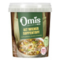 A container of "Omis Alt Wiener Suppentopf," featuring a bowl of soup with beef, noodles, and vegetables on the label. The packaging highlights "100% Fleisch aus Österreich" and is from the brand Billa.