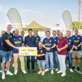 Stefan Maierhofer and others with Harald Mießner (CEO BILLA AG), Niklas Belihart (Managing Director Admira Wacker), Eric Scharnitz (BILLA Sales Director), Stefan Weinlich (BILLA Sales Director), Kurt Aschbacher (BILLA Sales Director), Hamed Mohseni (BILLA Sales Director) and Hannes Gruber (BILLA Sales Director) at the presentation of the cheque for 4,500 euros to Spielerpass.