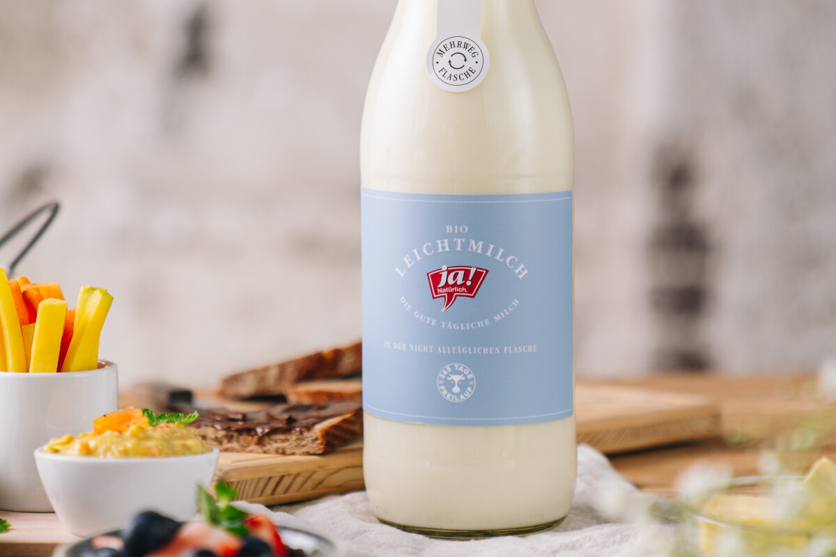 New Ja! Natürlich organic light milk in environmentally friendly returnable glass bottle