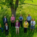 Project launch Conservation of orchard meadows in the Mostviertel. Front row from left to right: Gerlinde Handlechner (Pomologist), Martina Schmidthaler (Pomologist), Tanja Dietrich-Hübner (Head of Sustainability REWE International AG), Member of the Provincial Parliament Michaela Hinterholzer (Chairwoman LEADER Region Tourismusverband Moststraße, Mayor Oed-Öhling), Maria Kogler (Mayor Neuhofen an der Ybbs), Maria Ettlinger (GF LEADER Region Tourismusverband Moststraße). Second row from left to right: Johann Roitinger (BILLA Sales Manager Lower Austria), Ronald Würflinger (Managing Director Blühendes Österreich), Mathias Weis (Biologist, Project Manager LEADER Region Tourismusverband Moststraße), Johann Hartl (Chairman ARGE Streuobst Österreich).