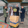 From left: Christina Moser-Zimpel (Deputy Head of Nursing), Susanne Greber-Platzer (Head of the University Clinic for Paediatrics and Adolescent Medicine) are delighted with the Santa Claus sacks handed over by Peter Merhar (BILLA Sustainability) and Heidrun Puscher (BILLA Regional Manager Manager).