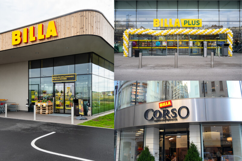 Collage of Billa supermarket storefronts. Top left shows a modern entrance with a wooden facade. Top right features a store with a yellow and white balloon arch. Bottom shows the Billa Corso entrance with a curved glass canopy and potted plants.