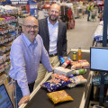 Harald Mießner, BILLA board member (back in picture), and Michael Paterno, BILLA board member (front in picture), are happy about many goals and many happy customers as part of the BILLA campaign 