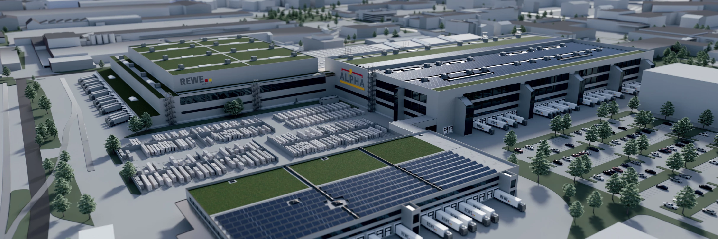 Un centru logistic modern, cu panouri solare pe acoperișuri. Numeroase camioane și autoutilitare sunt parcate. Clădirile poartă logo-urile REWE și PENNY. Pe fundal se vede un peisaj urban cu copaci și străzi.