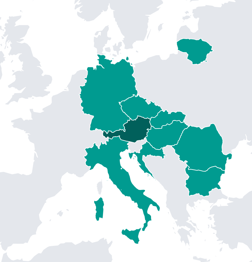 Europakarte mit grün markierten Ländern, wo die REWE International AG tätig ist