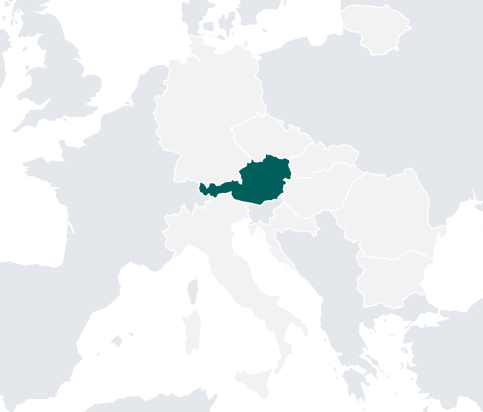 Europakarte mit Österreich grün markiert, wo die REWE International AG tätig ihren Hauptsitz hat